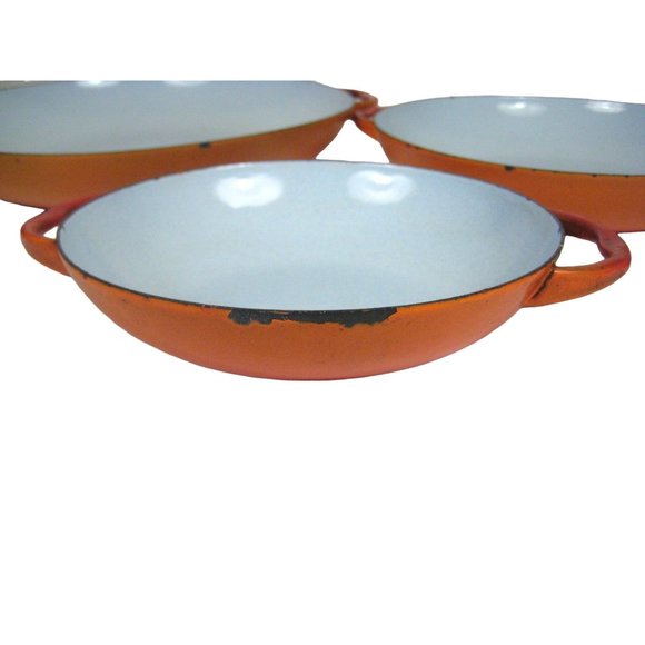 Set of 3 MCM Enamel Nesting Sauté Pans Orange Mid Century Modern CHIPS - Picture 3 of 13
